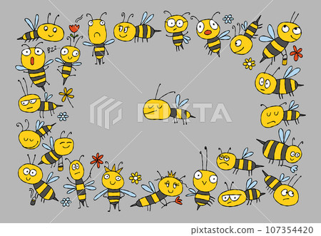 Funny Bees family. Beehive for your design. Horizontal banner with place for text Funny Bees family. Beehive for your design. Horizontal banner with place for text 107354420
