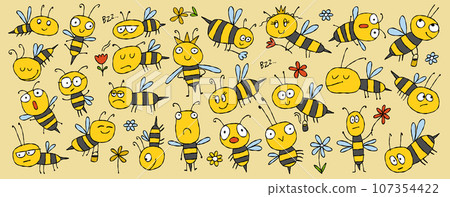 Funny Bees family. Beehive for your design. Horizontal print background Funny Bees family. Beehive for your design. Horizontal print background 107354422