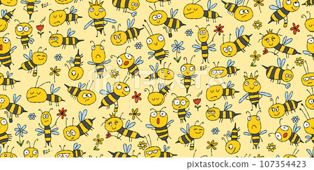 Funny Bees family. Beehive seamless pattern background for your design Funny Bees family. Beehive seamless pattern background for your design 107354423