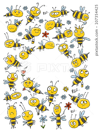 Funny Bees family. Beehive for your design. Vertical frame with place for text Funny Bees family. Beehive for your design. Vertical frame with place for text 107354425