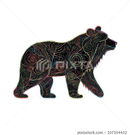 Black Bear silhouette with abstract Floral Ornament isolated on white Black Bear silhouette with abstract Floral Ornament isolated on white 107354432