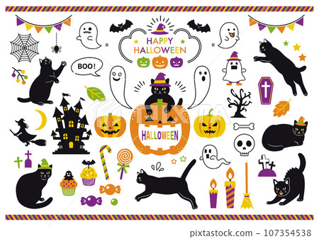 Set of black cat and Halloween illustration materials Set of black cat and Halloween illustration materials 107354538