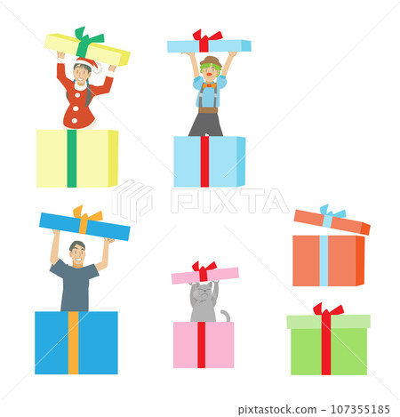 Materials of costumed people and cats peeking out of boxes 107355185