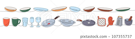 Kitchen utensils one line colored continuous drawing. Ceramic plates, mug, wineglass, frying pan, colander, kitchen mitten one line illustration. 107355737