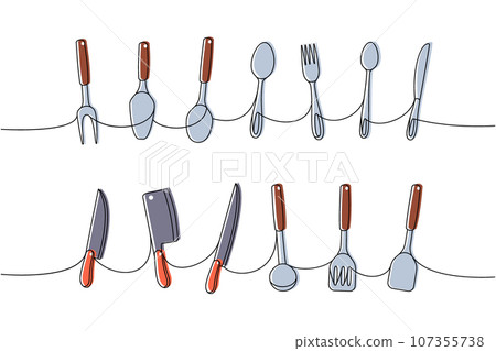 Kitchen utensils one line colored continuous drawing. Kitchen spatula, spoon, knife, fork, wheel pizza cutter, cooking whisk one line illustration. Kitchen utensils one line colored continuous drawing. Kitchen spatula, spoon, knife, fork, wheel pizza cutter, cooking whisk one line illustration. 107355738