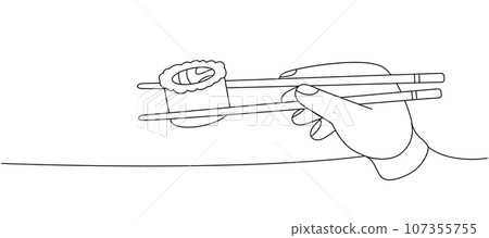 Japanese chopsticks holding sushi roll one line continuous drawing. Japanese cuisine, traditional food continuous one line illustration. 107355755