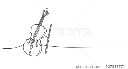 Violin, string instrument one line continuous drawing. Musical instruments continuous one line illustration. Vector minimalist linear illustration Violin, string instrument one line continuous drawing. Musical instruments continuous one line illustration. Vector minimalist linear illustration 107355771