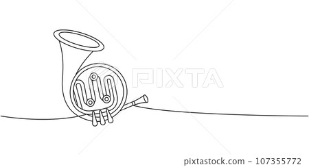 French horn one line continuous drawing. Musical instruments continuous one line illustration. Vector minimalist linear illustration French horn one line continuous drawing. Musical instruments continuous one line illustration. Vector minimalist linear illustration 107355772