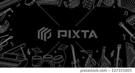 Musical instruments horizontal outline banner. Vector illustration for musical school design. Tuba, trumpet, drum flute, lute, violin, acoustic guitar Musical instruments horizontal outline banner. Vector illustration for musical school design. Tuba, trumpet, drum flute, lute, violin, acoustic guitar 107355805