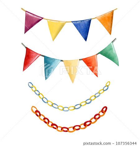 Watercolor festive flags and paper garlands illustration set with yellow, blue, red, green decor for party and holiday celebration isolated on white background Watercolor festive flags and paper garlands illustration set with yellow, blue, red, green decor for party and holiday celebration isolated on white background 107356344