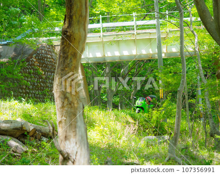 The iron bridge in the forest and my bike The iron bridge in the forest and my bike 107356991