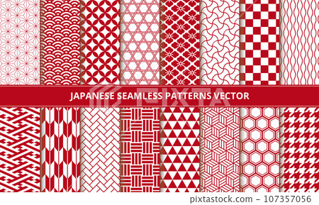紅色日本圖案無縫透明圖案集。 紅色日本圖案無縫透明圖案集。 107357056