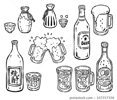 Beer, chuhai, sake, and shochu bottles and glasses hand-drawn line drawing set Beer, chuhai, sake, and shochu bottles and glasses hand-drawn line drawing set 107357356