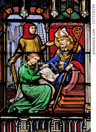 Scenes from the life of Saint Eugene, stained glass windows in the Saint Eugene - Saint Cecilia Church, Paris, France 107358199