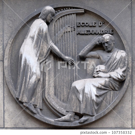 School of Alexandria. Stone relief at the building of the Faculte de Medicine Paris, France. 107358332