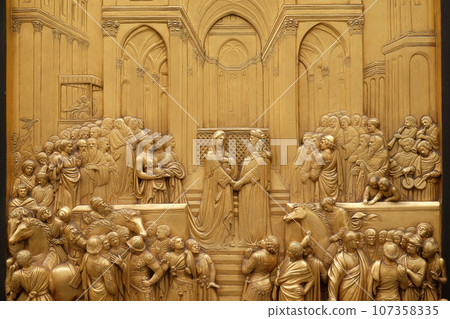 Florence cathedral, Baptistry of Saint John, Gates of Paradise, Queen of Sheba and King Solomon, Florence, Italy Florence cathedral, Baptistry of Saint John, Gates of Paradise, Queen of Sheba and King Solomon, Florence, Italy 107358335