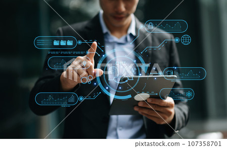 Man using chat bot in smartphone intelligence Ai. Chat with AI Artificial Intelligence, developed by OpenAI generate. robot in online system. in office Man using chat bot in smartphone intelligence Ai. Chat with AI Artificial Intelligence, developed by OpenAI generate. robot in online system. in office 107358701