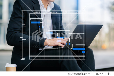 Project manager working and update tasks with milestones progress planning and Gantt chart scheduling diagram. business working with smart phone, tablet and laptop in office... Project manager working and update tasks with milestones progress planning and Gantt chart scheduling diagram. business working with smart phone, tablet and laptop in office... 107359010