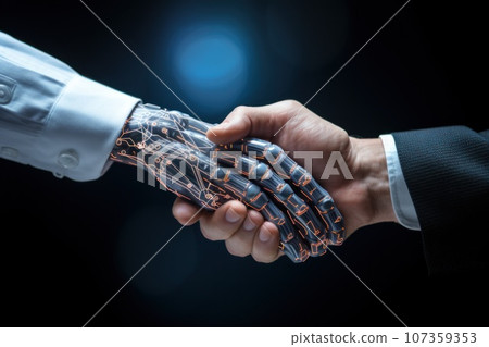 Human and robot hand shaking each other Concept of cooperation between humans and robots 107359353