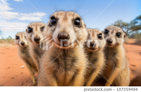 Curious Meerkats group with Happy Expressions Looking at GoPro Camera in the Savanna Curious Meerkats group with Happy Expressions Looking at GoPro Camera in the Savanna 107359494