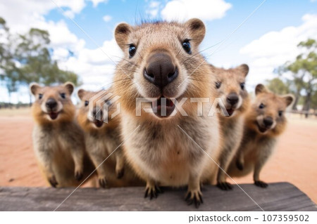 Group of Quokkas in Australian Savanna with Cloudy Sky, GoPro Groupe portrait Group of Quokkas in Australian Savanna with Cloudy Sky, GoPro Groupe portrait 107359502
