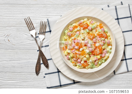 Ambrosia Salad in white bowl, top view Ambrosia Salad in white bowl, top view 107359653