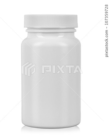 White plastic medicine bottle. Isolated on a white background. White plastic medicine bottle. Isolated on a white background. 107359728