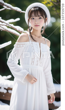 一個身著民族服裝的美麗女孩站在冰雪覆蓋的森林裡 一個身著民族服裝的美麗女孩站在冰雪覆蓋的森林裡 107359739