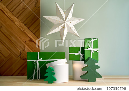 Christmas interior with different gifts. 107359796