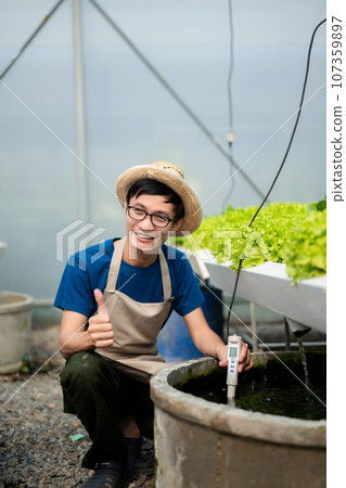 Researcher are checking with ph strips in hydroponic farm and pH level scale graphic, science laboratory greenhouse concept. at farm Researcher are checking with ph strips in hydroponic farm and pH level scale graphic, science laboratory greenhouse concept. at farm 107359897