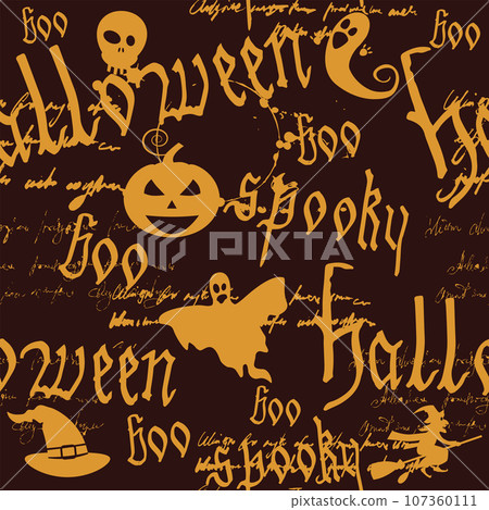 Happy Halloween seamless pattern with text, pumpkin, ghost, witcher. Hand drawn gothic letter, silhouette, unreadable text Happy Halloween seamless pattern with text, pumpkin, ghost, witcher. Hand drawn gothic letter, silhouette, unreadable text 107360111