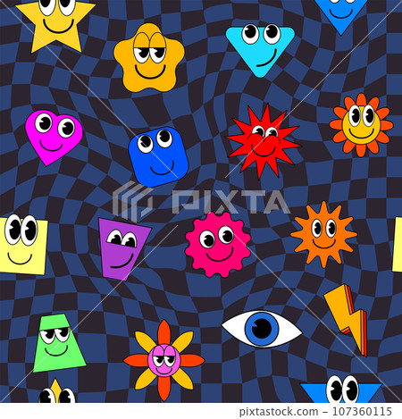 Smiley faces stickers, trippy seamless pattern. Retro trendy check distortion background Smiley faces stickers, trippy seamless pattern. Retro trendy check distortion background 107360115