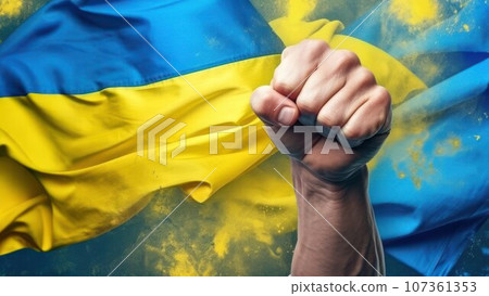 Man hand fist with yellow and blue color flag for Ukraine as a background, strong emotional impact, symbol of freedom and fight for freedom 107361353