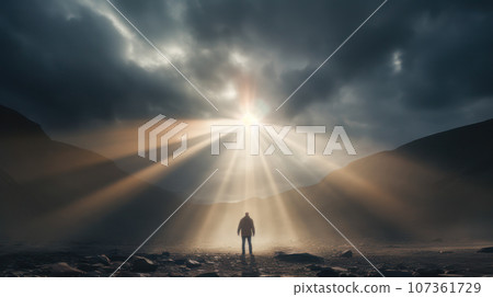 A Ray of Hope concept, A person standing under a single beam of sunlight breaking through dark clouds 107361729