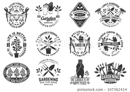 Set of gardening and yard work services emblem, label, badge, logo. Vector illustration. For sign, patch, shirt design with hand secateurs, garden pruner, watering can, bear with rake and gardening 107362414