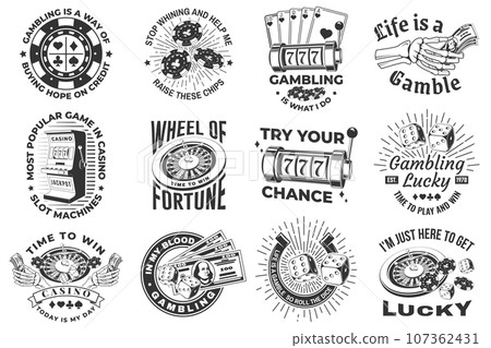 Set of gambling vintage print, logo, badge design with wheel of fortune, two dice, skeleton hand holding dollar, poker playing card, casino chips, slot machines and horseshoe silhouette. Vector Set of gambling vintage print, logo, badge design with wheel of fortune, two dice, skeleton hand holding dollar, poker playing card, casino chips, slot machines and horseshoe silhouette. Vector 107362431