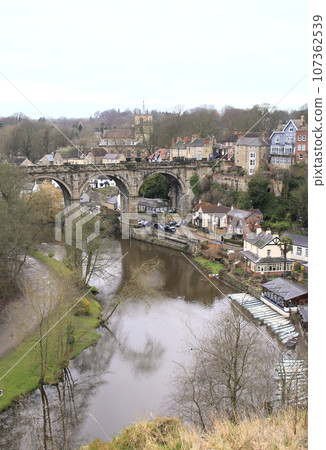 Town landscape and river Nidd in Knaresborough, England  107362539