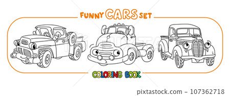Funny small retro pickup truck cars coloring book 107362718