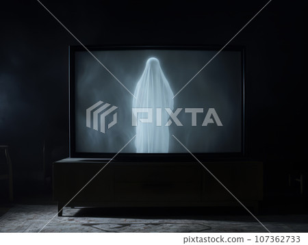 A TV set installed in a room at night shows static noise and a female ghost. A TV set installed in a room at night shows static noise and a female ghost. 107362733