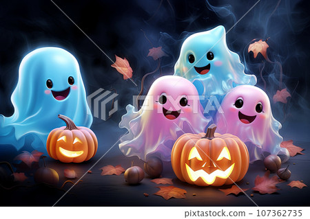 Cute pink and blue ghosts celebrate Halloween Cute pink and blue ghosts celebrate Halloween 107362735