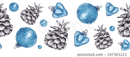 Seamless New Year border. Christmas decor. Blue Christmas tree decorations and pine cone. Holiday events. Isolated handmade art Seamless New Year border. Christmas decor. Blue Christmas tree decorations and pine cone. Holiday events. Isolated handmade art 107363221