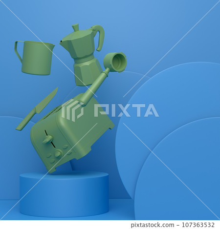 Abstract scene or podium with kitchen appliances and utensils on monochrome. 107363532