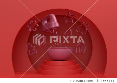Abstract scene or podium with bowl and kitchen utensil on monochrome. 107363534