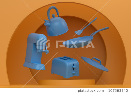 Abstract scene or podium with kitchen appliances and utensils on monochrome. 107363540