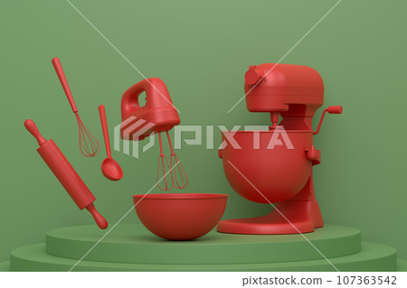 Abstract scene or podium with blender and kitchen utensil on monochrome. 107363542