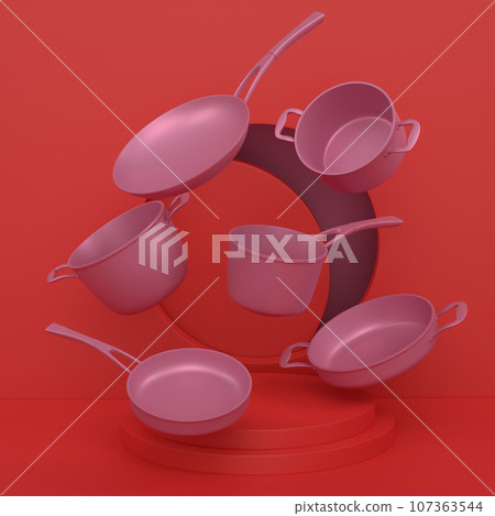 Abstract scene or podium with stewpot and frying pans on monochrome. 107363544
