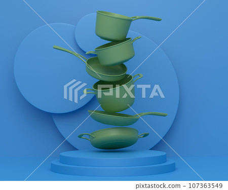 Abstract scene or podium with stewpot and frying pans on monochrome. Abstract scene or podium with stewpot and frying pans on monochrome. 107363549