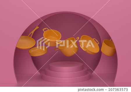 Abstract scene or podium with stewpot and frying pans on monochrome. Abstract scene or podium with stewpot and frying pans on monochrome. 107363573