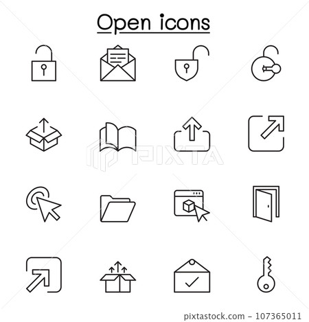 Open icon set in thin line style. Editable stroke 107365011