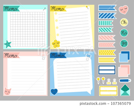 Set of template notes. Memos and stickers. Cute paper memo template. Notes, memo and to do lists used in a diary, home or office. Set of template notes. Memos and stickers. Cute paper memo template. Notes, memo and to do lists used in a diary, home or office. 107365079